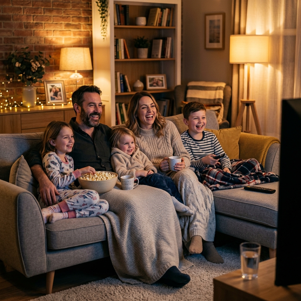 Family living abroad enjoying Italian TV channels together in the living room
